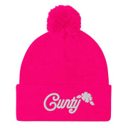 JOAN SEED Beanie Neon Pink Cunty Embroidered Pom Pom Knit Beanie
