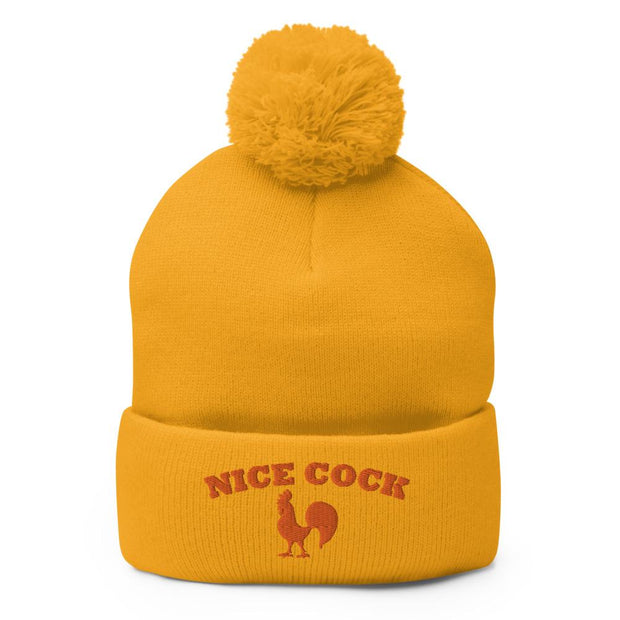 JOAN SEED Beanies Gold Nice Cock Embroidered Pom Pom Knit Beanie