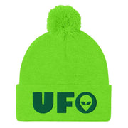 JOAN SEED Outdoors Travel Products Neon Green Ufo Embroidered Pom Pom Knit Beanie