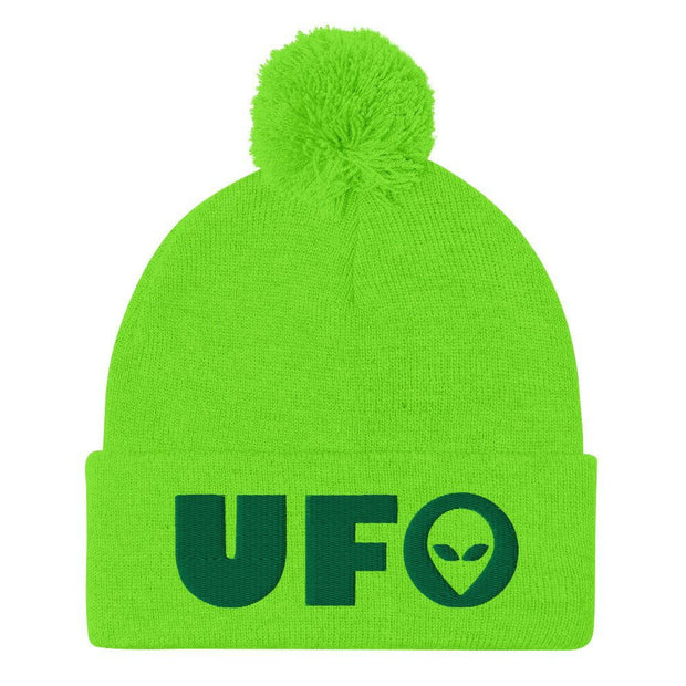 JOAN SEED Outdoors Travel Products Neon Green Ufo Embroidered Pom Pom Knit Beanie