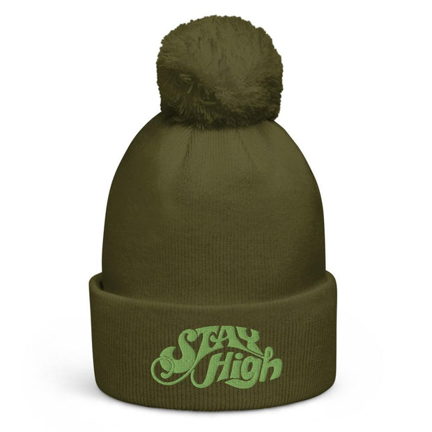 JOAN SEED Neon Green Stay High Embroidered Pom Pom Knit Beanie