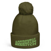 JOAN SEED Neon Green Accidental Bitch  Embroidered Pom Pom Knit Beanie