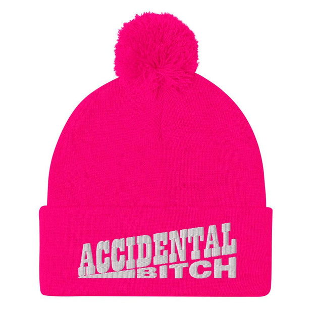 JOAN SEED Neon Pink Accidental Bitch  Embroidered Pom Pom Knit Beanie