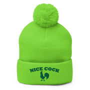 JOAN SEED Neon Green Nice Cock Embroidered Pom Pom Knit Beanie