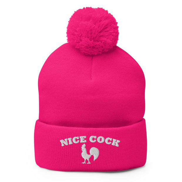 JOAN SEED Neon Pink Nice Cock Embroidered Pom Pom Knit Beanie