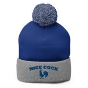 JOAN SEED Beanies Royal/ Heather Grey Nice Cock Embroidered Pom Pom Knit Beanie