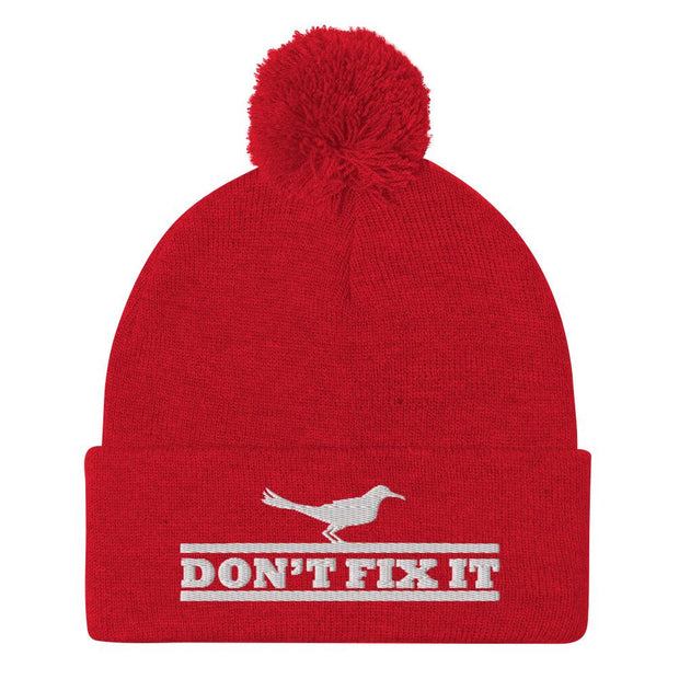 JOAN SEED Red Don't Fix It Embroidered Pom Pom Knit Beanie