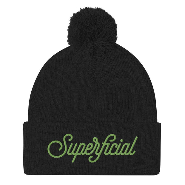 JOAN SEED Black Let's Be Superficial Embroidered Pom Pom Knit Beanie