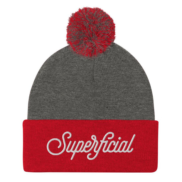JOAN SEED Dark Heather Grey/ Red Let's Be Superficial Embroidered Pom Pom Knit Beanie