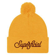 JOAN SEED Gold Let's Be Superficial Embroidered Pom Pom Knit Beanie