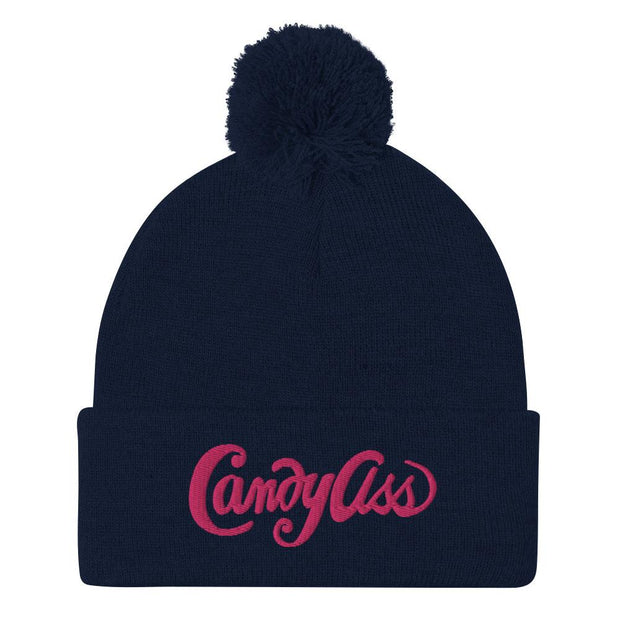 JOAN SEED Outdoors Travel Products Navy Candy Ass Embroidered Pom Pom Knit Beanie