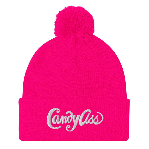 JOAN SEED Outdoors Travel Products Neon Pink Candy Ass Embroidered Pom Pom Knit Beanie