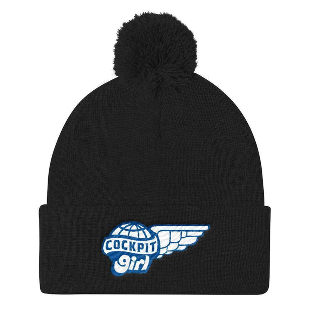 JOAN SEED Outdoors Travel Products Black Cockpit Girl Embroidered Pom Pom Knit Beanie