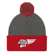 JOAN SEED Outdoors Travel Products Dark Heather Grey/ Red Cockpit Girl Embroidered Pom Pom Knit Beanie