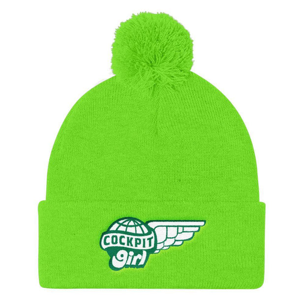 JOAN SEED Outdoors Travel Products Neon Green Cockpit Girl Embroidered Pom Pom Knit Beanie