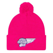 JOAN SEED Outdoors Travel Products Neon Pink Cockpit Girl Embroidered Pom Pom Knit Beanie
