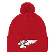 JOAN SEED Outdoors Travel Products Red Cockpit Girl Embroidered Pom Pom Knit Beanie