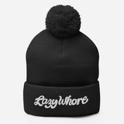 JOAN SEED Outdoors Travel Products Black Lazy Whore Embroidered Pom Pom Knit Beanie