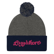 JOAN SEED Outdoors Travel Products Dark Heather Grey/ Navy Lazy Whore Embroidered Pom Pom Knit Beanie