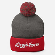 JOAN SEED Outdoors Travel Products Dark Heather Grey/ Red Lazy Whore Embroidered Pom Pom Knit Beanie