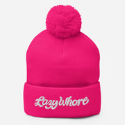 JOAN SEED Outdoors Travel Products Neon Pink Lazy Whore Embroidered Pom Pom Knit Beanie
