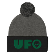 JOAN SEED Outdoors Travel Products Dark Heather Grey/ Black Ufo Embroidered Pom Pom Knit Beanie
