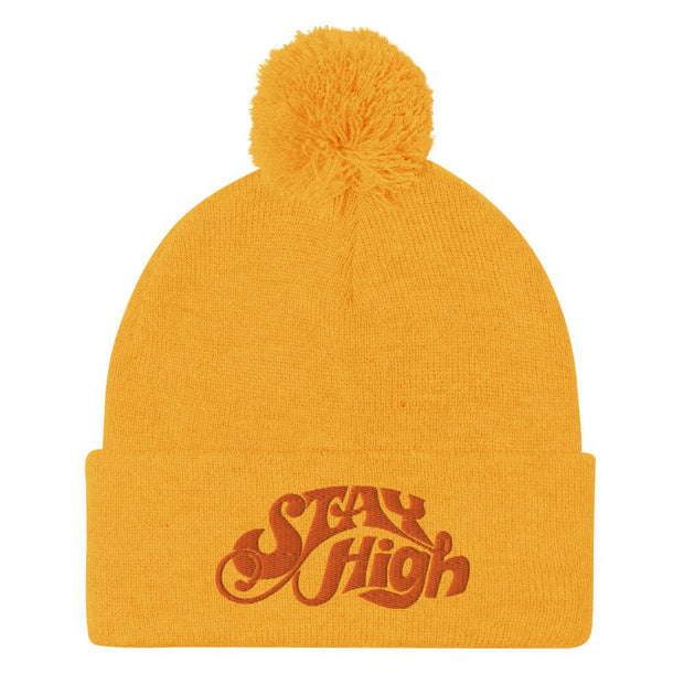 JOAN SEED Gold Stay High Embroidered Pom Pom Knit Beanie