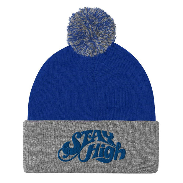 JOAN SEED Royal/ Heather Grey Stay High Embroidered Pom Pom Knit Beanie